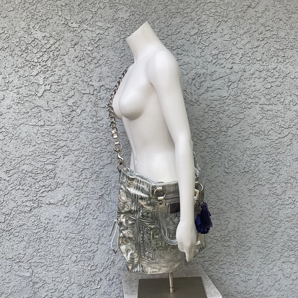 Vintage Y2K RARE Silver Metallic Coach Poppy Signature Shoulder Bag Purse XL - Picture 9 of 16